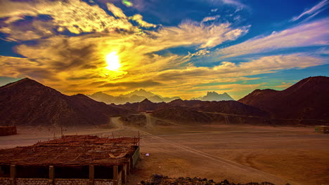 Bedouin-settlement-in-Egypt-in-the-rugged-mountains-near-Hurghada---sunset-time-lapse