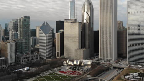 Chicago-USA,-Aerial-View,-Skyscrapers-Around-Millennium-Park,-Cityscape-Skyline,-Drone-Shot