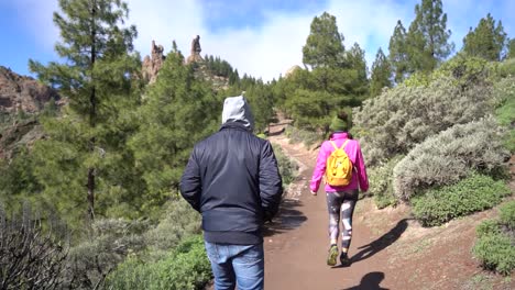 Las-Palmas-De-Gran-Canaria,-España---24-De-Enero-De-2023:-Grupo-De-Senderismo-Ascendiendo-A-Roque-Nublo-Duroing-Una-Mañana-Brumosa-En-La-Isla-De-Gran-Canaria,-España