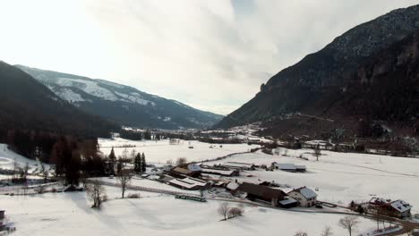 Bird's-eye-view-over-Italian-village-in-beautiful-wintery-landscape