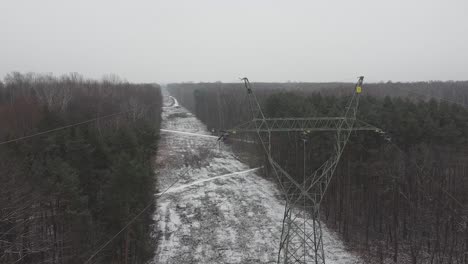 Revealing-shot-of-a-snowy-forest-on-a-cloudy-day-with-powerlines-and-symmetrical-line-between-forests