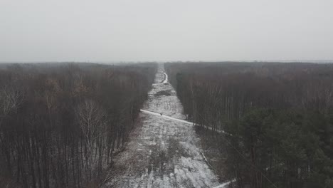 Drone-video-of-symmetrical-line-and-snowy-scenery-forest-road
