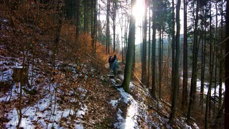 Shot-of-a-group-of-friends-walking-on-a-winding-path-covered-with-snow-through-forest-along-hilly-terrain-on-a-winter-day