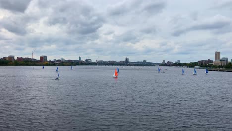 Aerial-drone-view-of-many-colorful-sailboats-on-the-Charles-River-in-Boston,-USA