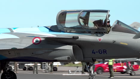 Tracking-shot-of-Dassault-Rafale-Air-Force-jet-on-runway-at-Gdynia-Aerobatic-show-2021,Poland