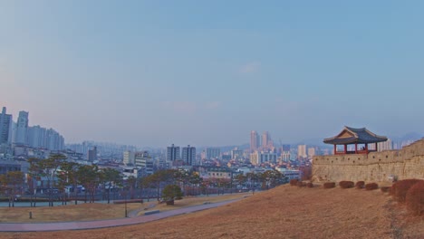 Asian-Korean-Hwaseong-fortress-rock-stone-wall-in-Suwon,-traditional-culture-architecture-object-UNESCO-heritage-wide-angle-fisheye-panorama-view