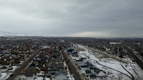 Daybreak-is-a-planned-community-in-South-Jordan,-Utah-in-winter---aerial-panorama