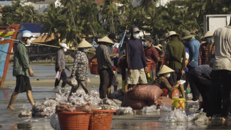 Fischerdorfbewohner-In-Vietnam-Tragen-Plastiktüten-Voller-Frisch-Gefangener-Meeresfrüchte