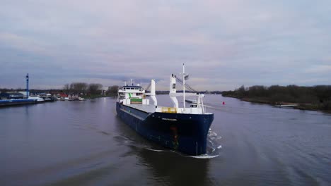 Aerial-View-Of-Forward-Bow-Of-Onego-Mississippi-Ship-Moving-Along-Oude-Maas