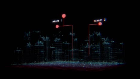 Hologram-of-a-city-showing-targets-of-a-military-war-operation,-skyscraper-buildings-rotating-and-blinking