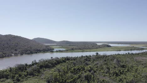 Pantanal-Amolar-Mountain-Range-and-river-aerial-view-with-slight-pan