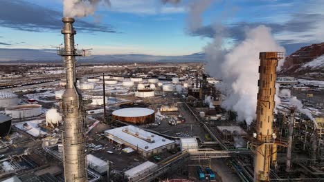 Aerial-Footage-Passing-by-Towers-in-Oil-Refinery-at-North-Salt-Lake-Utah---Forward-Movement