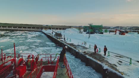 View-From-Deck-Of-Garinko-II-Drift-Ice-Cruise-Ship-Coming-Into-Dock-At-Pier-In-Monbetsu