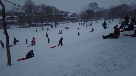 Toma-Amplia-De-Niños-Divirtiéndose-En-Una-Colina-De-Toboganes-Comunitaria-Abarrotada-Durante-Un-Día-De-Nieve