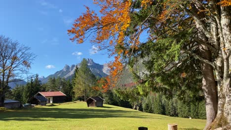Beautiful-autumn-landscape-in-the-near-of-Scharnitz-in-Austria-with-a-cabin-colorful-trees-and-high-Karwendel-mountains-in-the-background