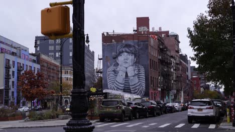 Iconic-streets-and-majestic-building-wall-art-in-New-York-City,-dolly-backward-shot