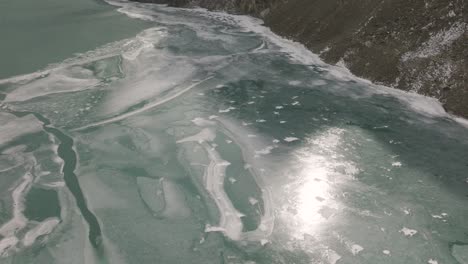 Aerial-Dolly-Over-Icy-Calm-Waters-Of-Attabad-lake-In-Hunza-Valley