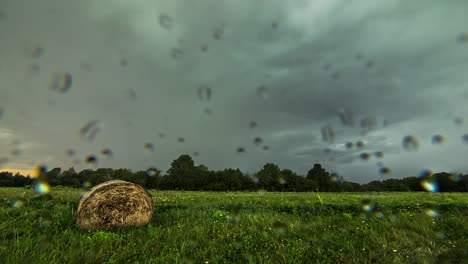 Time-lapse-shot-of-strong-rain-with-raindrops-on-screen-over-agricultural-field-in-countryside