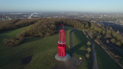 Aerial-view-of-Das-Geleucht-Grubenlampe-in-Moers-city,-Germany-with-the-city-in-the-background