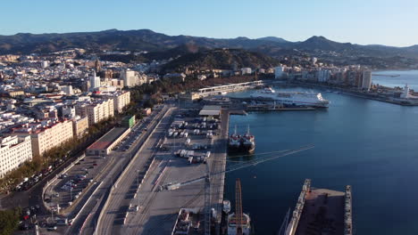 Trasmediterránea-Ferry-Docked-in-the-Harbor-of-Malaga,-Spain-AERIAL