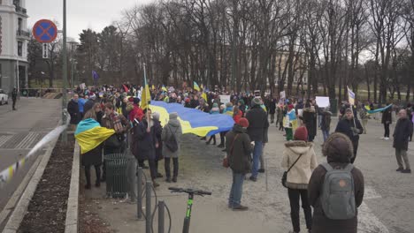 Demonstrators-On-The-Street-In-Oslo,-Norway-Protesting-Against-Russia's-Invasion-Of-Ukraine