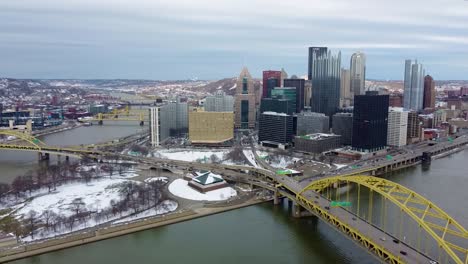Aerial-View-of-Iconic-Pittsburgh-Skyline-downtown-on-a-cloudy-evening-during-winter