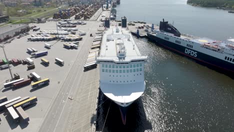 Aerial-view,-the-new-ferry-Luna-Seaways-moored-at-the-ferry-terminal-in-Klaipeda-port