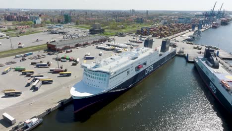 Aerial-view,-the-new-ferry-Luna-Seaways-moored-at-the-ferry-terminal-in-Klaipeda-port