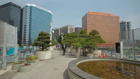 A-view-on-the-Seoullo-7017-Skypark-with-fountains,-flowers-and-trees-above-the-highway-in-downtown-South-Korea