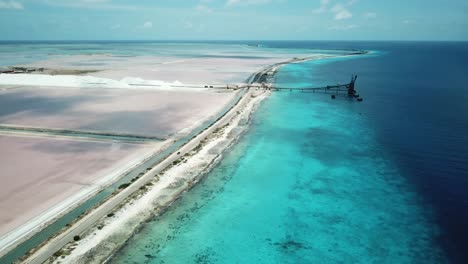 Static-aerial-drone-view-of-the-Salt-pans-of-Bonaire,-in-the-Dutch-Caribbean,-South-America