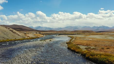 Aerial-drone-of-an-empty-natural-river-in-the-high-altitude-alpine-orange-plain-of-Deosai-National-Park-located-between-Skardu-and-Astore-Valley-in-Pakistan-during-a-sunny-summer-day