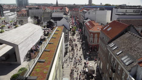 View-of-shopping-street-city-centre-from-salling-rooftop-in-Aarhus-Denmark-4K