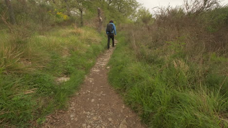 Hiker-man-walking-in-mountain-path,-travel-adventure-concept,-trekking
