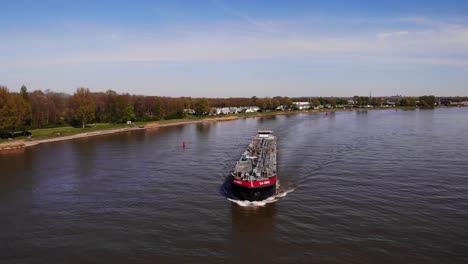 Aerial-Over-Forward-Bow-Of-Da-Vinci-Motor-Tanker-Ship-Navigating-Along-Oude-Maas