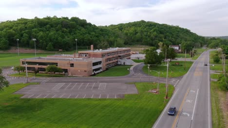 A-slow-orbiting-aerial-establishing-shot-of-a-school-administration-building