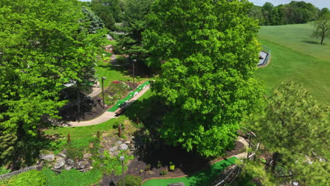 Aerial-view-of-mini-golf-course-on-beautiful-spring-day