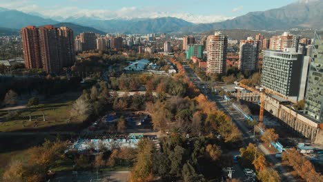 Touristic-Public-Park-And-Skyline-Of-Financial-District-In-Nueva-Las-Condes,-Santiago-City,-Chile