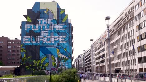Time-Lapse-of-The-Future-is-Europe-Mural-in-Brussels,-Belgium