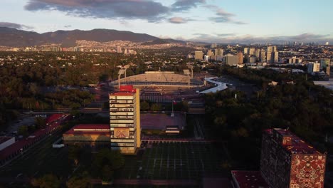 Aerial-view-of-a-sunrise-in-UNAM-University-Mexico-City