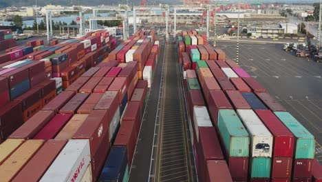 Cargo-Freight-Containers-In-Husky-Terminal-Freight-Forwarding-Site-In-Tacoma,-Washington---aerial-drone-shot