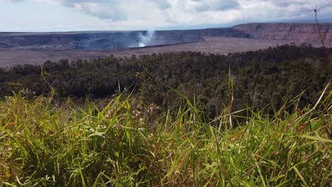 Toma-Manual-Que-Sube-Desde-La-Hierba-Salvaje-En-Primer-Plano-Hasta-El-Volcán-Kilauea-Humeante-En-El-Fondo-De-La-Isla-Grande-De-Hawaii