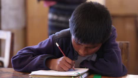 Ein-Junge-In-Der-Schule-In-Den-Bolivianischen-Anden-Konzentriert-Sich-Auf-Das-Schreiben-In-Sein-Notizbuch