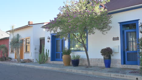 Casa-De-Adobe-Colorida-En-Tucson,-Arizona,-Con-Macetas-Y-Cactus-Para-Un-Atractivo-Exterior-Agradable