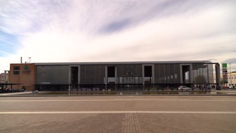 Frontal-facade-of-train-station-in-Cordoba,-Spain-with-wide-open-sky