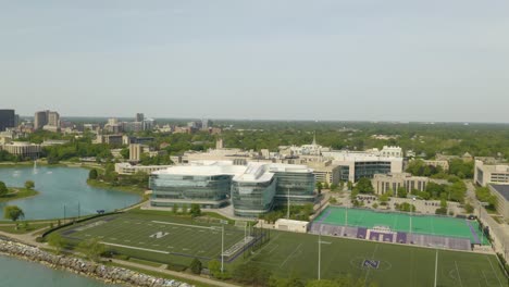 Aerial-Pullback-Reveals-Northwestern-University-Campus-on-Beautiful-Summer-Day