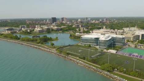 Drone-Flies-Above-Northwestern-University-on-Hot-Summer-Afternoon