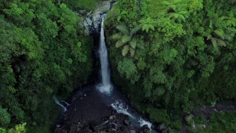 Aerial-view-of-idyllic-waterfall-in-jungle-with-trees-and-grass-in-the-morning-with-rocky-river---Kedung-Kayang-Waterfall-in-Indonesia