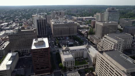 Aerial-view-overlooking-a-concert-in-Wilmington-,-Delaware,-USA---rotating,-pull-back,-drone-shot