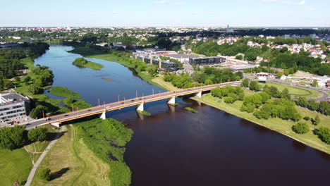 Aerial-View-of-Traffic-on-Petras-Vileisis-Bridge,-Kaunas,-Lithuania-on-Sunny-Summer-Day,-Drone-Shot-60fps