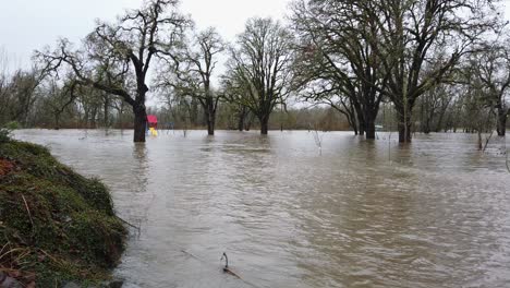 Weite-Aufnahme-Der-Überschwemmungsebene,-Da-Hohe-Wasserstände-Dazu-Führen,-Dass-Der-Bach-Bei-Hochwasser-überläuft